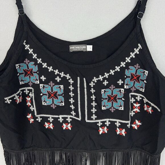 Earthbound Trading Crop Top Womens Large Black Embroidered Fringe Boho Western - Picture 2 of 9